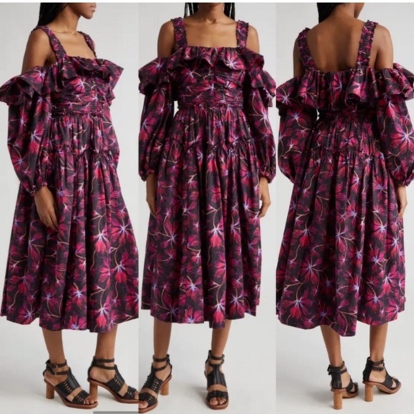 New! Ulla Johnson Caprice Purple Red Floral Print Cotton Midi Dress 22746 - Picture 2 of 15